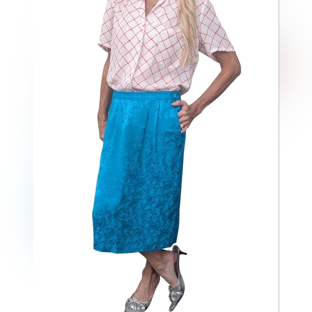 Vintage Argenti 100% Silk Blue Floral Jacquard Midi Skirt Size 8